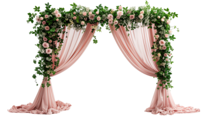 Elegant wedding arch with floral decoration and romantic ceremony setup isolated on white background