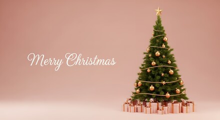 A decorated Christmas tree stands surrounded by gift boxes with the festive phrase Merry Christmas elegantly displayed on a soft pink background Holiday