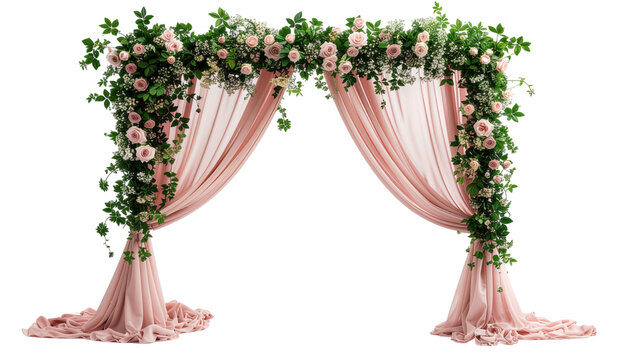 Elegant wedding arch with floral decoration and romantic ceremony setup isolated on white background
