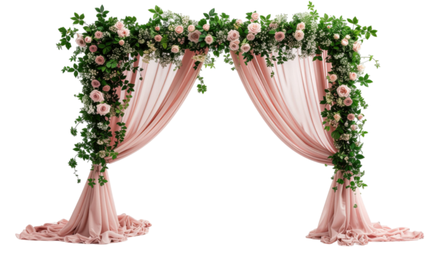 Elegant wedding arch with floral decoration and romantic ceremony setup isolated on white background