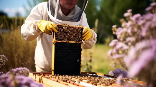 A close-up video captures a beekeeper in protective gear inspecting a honeycomb. The low-angle shot highlights the bees and vibrant flowers around.