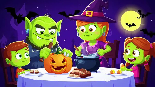 Cartoon halloween scene with a family of green skinned monsters at a dinner table carving pumpkin