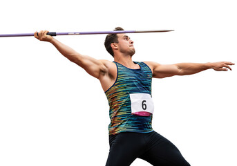 Precision Throw: A male athlete demonstrates focus and strength in a photorealistic depiction, poised mid-throw with a spear in hand, capturing the essence of skill and dedication.