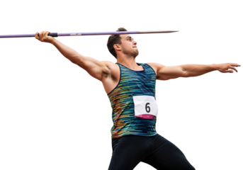 Precision Throw: A male athlete demonstrates focus and strength in a photorealistic depiction, poised mid-throw with a spear in hand, capturing the essence of skill and dedication.