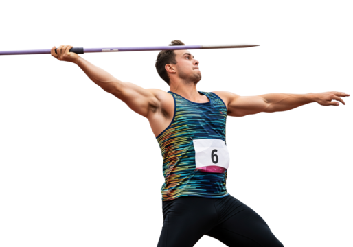 Precision Throw: A male athlete demonstrates focus and strength in a photorealistic depiction, poised mid-throw with a spear in hand, capturing the essence of skill and dedication. - Powered by Adobe