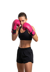 Boxer's Intensity: A determined female boxer in fighting stance, poised and ready for action, showcasing strength and focus with a backdrop that accentuates her form.
