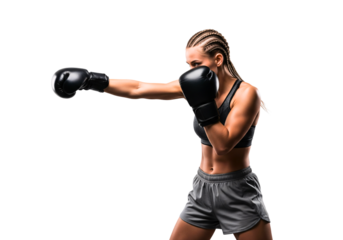 Dynamic Boxing Display: A determined female boxer, gloves on, powerfully throws a punch in this dynamic shot. A testament to strength, focus, and athletic prowess.