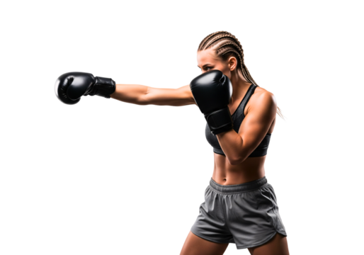 Dynamic Boxing Display: A determined female boxer, gloves on, powerfully throws a punch in this dynamic shot. A testament to strength, focus, and athletic prowess.