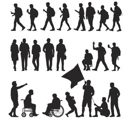 Silhouette of diverse people walking, standing, sitting, using phone, holding flag, interacting, urban lifestyle, vector illustration, black shape