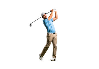 Drive for Glory: A golfer, fully focused, executes a powerful swing, showcasing precision and athleticism against a clear background. Capturing the spirit of determination and sport.