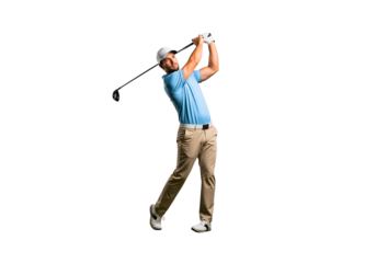 Drive for Glory: A golfer, fully focused, executes a powerful swing, showcasing precision and athleticism against a clear background. Capturing the spirit of determination and sport.