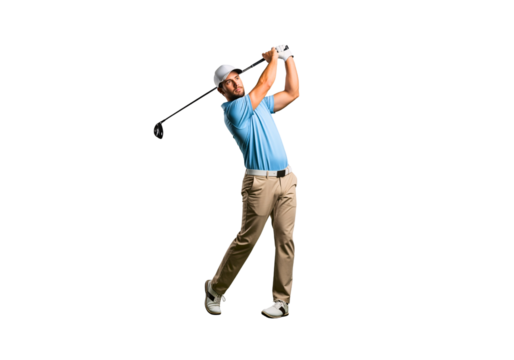 Drive for Glory: A golfer, fully focused, executes a powerful swing, showcasing precision and athleticism against a clear background. Capturing the spirit of determination and sport.