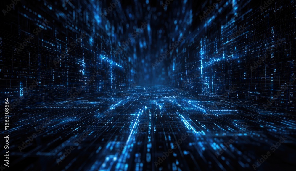 Poster abstract digital tunnel of glowing blue data streams