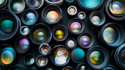Numerous camera lenses neatly arranged against a dark background, showing vibrant reflections. This vibrant collection of lenses highlights focus on photography and vision.