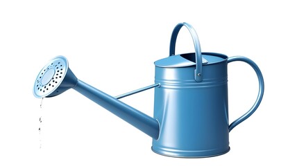 Blue metal watering can with long spout and sprinkler head dripping water on white background