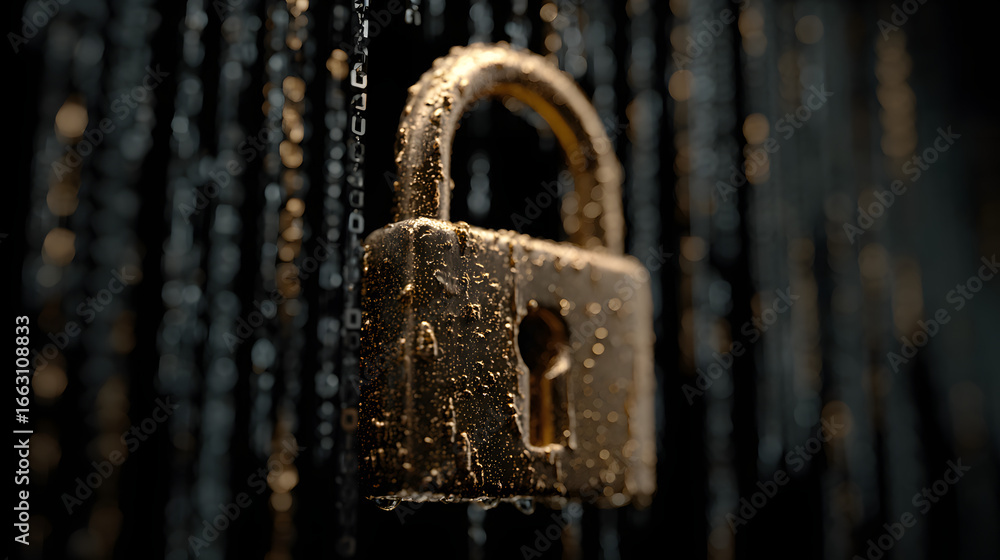 Aufkleber a rugged padlock set against streams of binary code embodies encrypted data protection, conveying cy