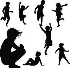 Silhouette of kids playing, jumping, sitting, running, active children, summer fun, emotional poses, vector design, isolated on white background