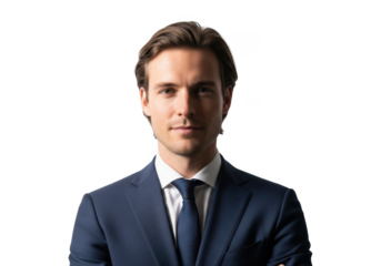 Professional businessman in suit portrait photo, young executive corporate headshot, confident and serious expression, isolated on transparent background