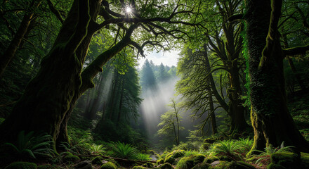 Naklejka premium Majestic Old Trees in a Lush Green and Mossy Forest with Sunbeams Piercing Through the Dense Canopy