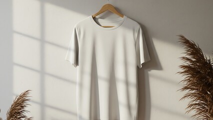 Plain white tshirt hanging on a wooden hanger against a textured wall with natural light