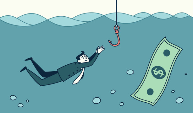 Investment risk or money trap, business fraud and cheating or financial pitfall and mistake concept, businessman diving under the business ocean takes a bait to the hook fishing with huge money dollar