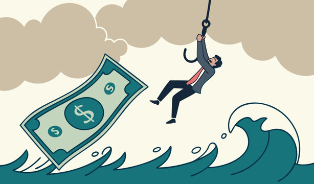 Investment risk or money trap, business fraud and cheating or financial pitfall and mistake concept, businessman diving under the business ocean takes a bait to the hook fishing with huge money dollar