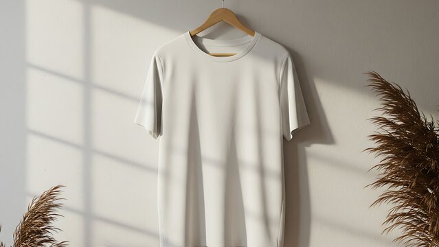 Plain white tshirt hanging on a wooden hanger against a textured wall with natural light