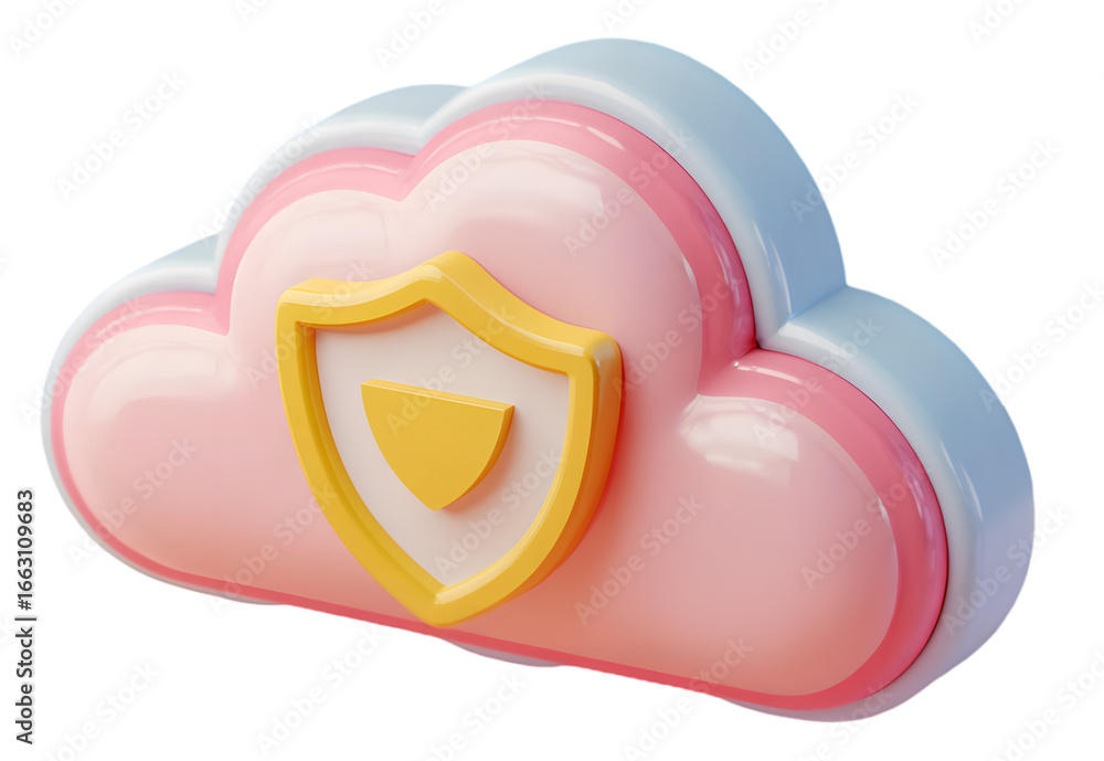 Poster colorful 3d cloud with a shield symbolizing digital security and protection in a modern tech environ