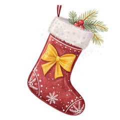Shiny red Christmas stocking on transparent background for winter holiday posters, seasonal branding, festive invitations and decorative projects