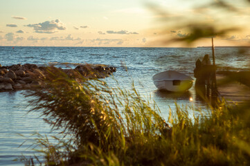 evening, sea at the pier, white boat