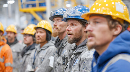 Safety Meeting: Workers in protective gear listen to speaker on the manufacturing floor, emphasizing safety and training in the industrial workplace.