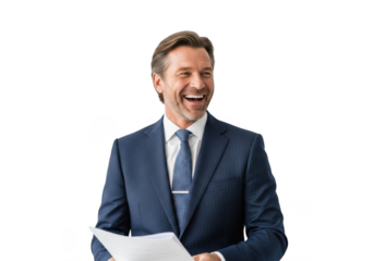Smiling businessman in suit holding documents presentation isolated portrait png image, happy executive isolated on transparent background