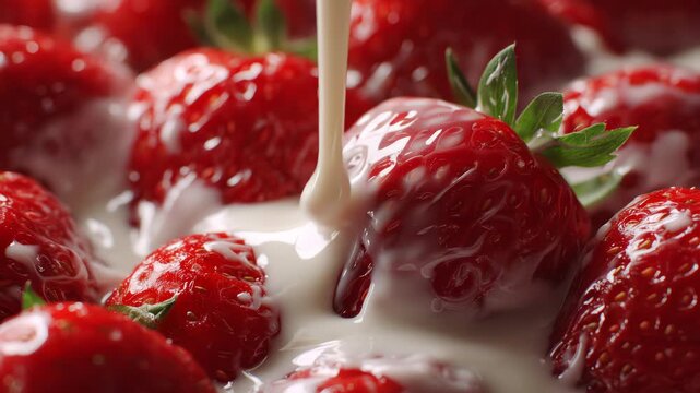 Extreme close-up, macro detailed of red strawberries of lie in yogurt. Sweet red berries covered with a white milky liquid. Pouring cream or yogurt over juicy fresh strawberries. 4K