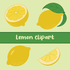 lemon vector | Flat Lemon Clipart | Whole, Half, Slice, with Leaves