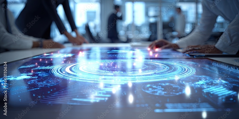 Fototapete team collaborates around interactive display showing data visualizations