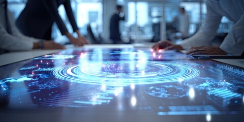 Team collaborates around interactive display showing data visualizations