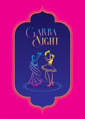 creative Navratri Graba Night poster design, Indian couple playing Garba.