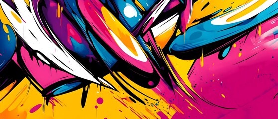 Colorful pop art graffiti style abstract background dynamic composition of fluid shapes paint splatters sharp lines in yellow pink purple blue vibrant design
