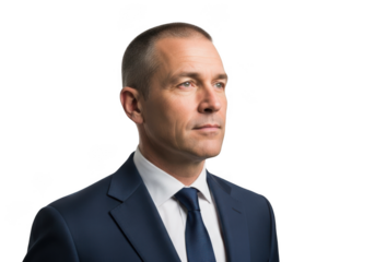 Professional businessman corporate headshot portrait serious executive leader looking up png image stock photo isolated on transparent background