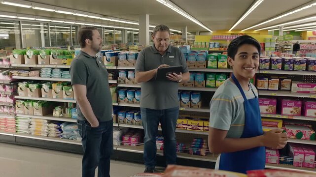 Supermarket manager using digital tablet, checking inventory with his employees, ensuring efficient stock management and product availability in a busy retail environment