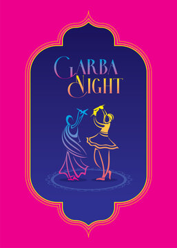 creative Navratri Graba Night poster design, Indian couple playing Garba.