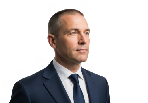 Professional businessman corporate headshot portrait serious executive leader looking up png image stock photo isolated on transparent background - Powered by Adobe