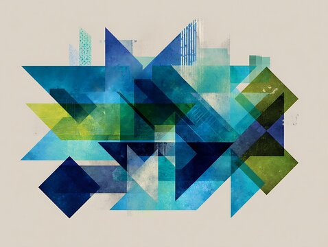 Abstract geometric composition with overlapping blue and green arrows on light background, modern business and progress concept