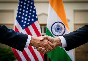 Diplomacy handshake between countries symbolizes partnership with flags backdrop showcasing unity