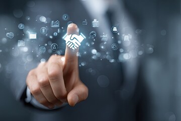 A person's finger interacts with a digital handshake icon, surrounded by various business-related symbols, illustrating digital partnerships