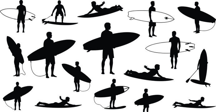 Surfer silhouette set, surfing poses, standing, paddling, lying, carrying board, water sport action, beach lifestyle, ocean wave vector illustration