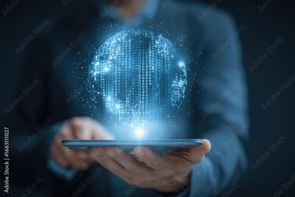 Poster global digital network visualized on a tablet
