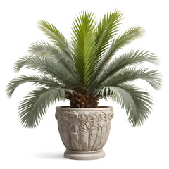 Obraz premium Sago palm plant with feather-like fronds in ornate carved pot on white background