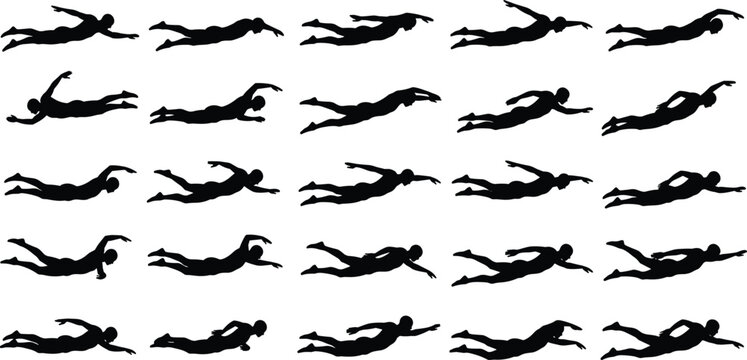 Swimming silhouette collection, swimmer stroke sequence, freestyle, breaststroke, butterfly, crawl, water sport training, aquatic motion study, fitness vector illustration design
