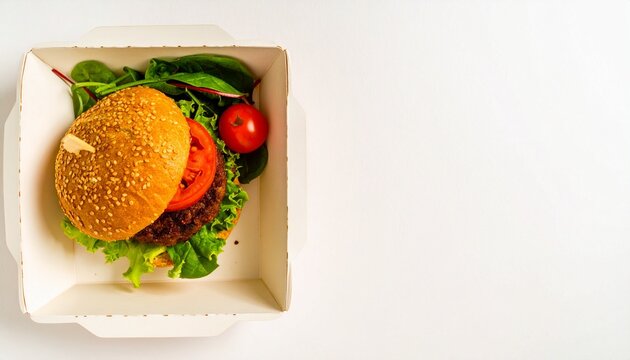 Delicious veggie burger with fresh greens, tomatoes, and sprouts, nestled in a sesame seed bun and eco-friendly box—perfect for healthy, plant-based fast food lovers on the go.
